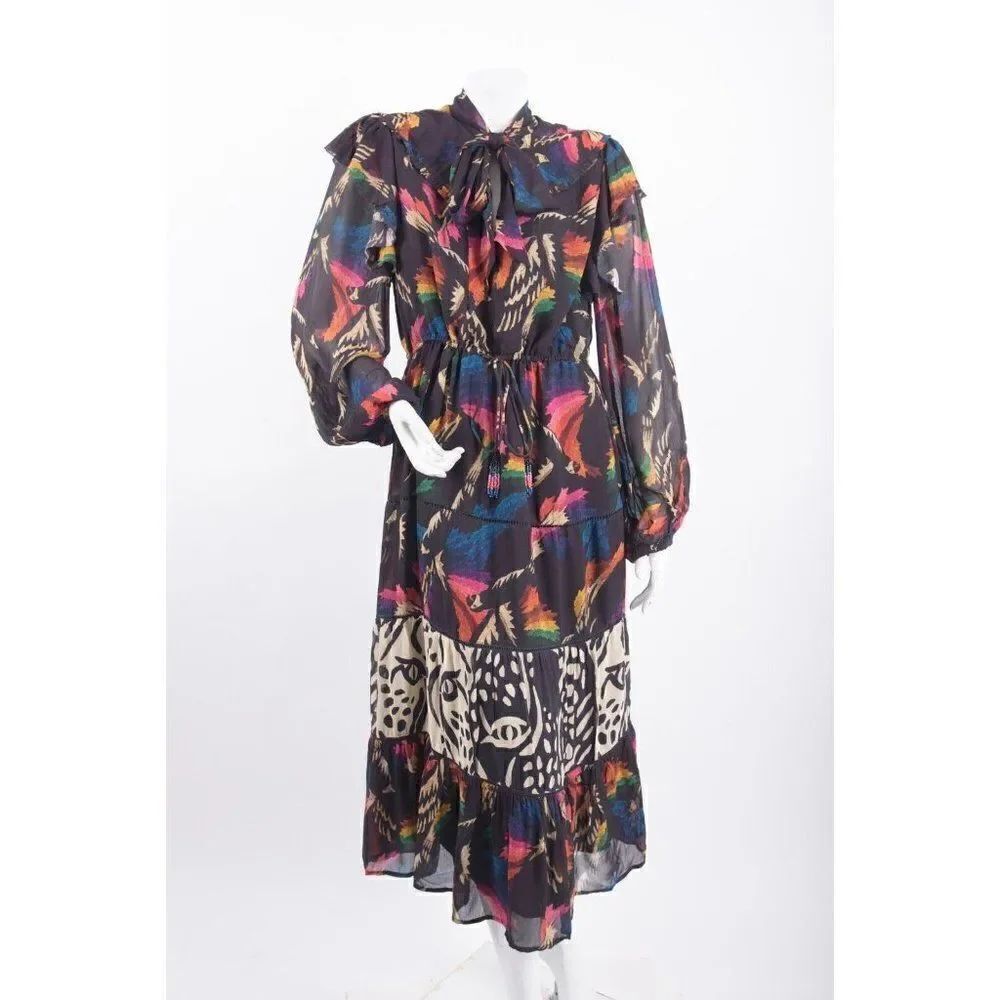 Farm Rio Womens Macaws Flight Tie-Neck Ankle Dress S  Tiered Animal Print NWT